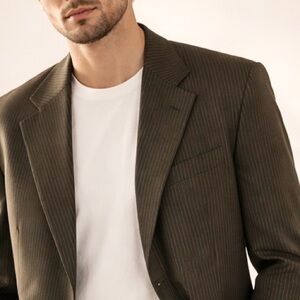 Matinique Olive Pinstripe Tailored Blazer Minimalist Power Jacket Sz 42